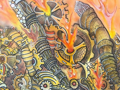 Fire Spirit — Mechanical Flame Detail Close-up of mechanical and flame details in Fire Spirit — The Elemental Flame by Pavlos Tatsis
