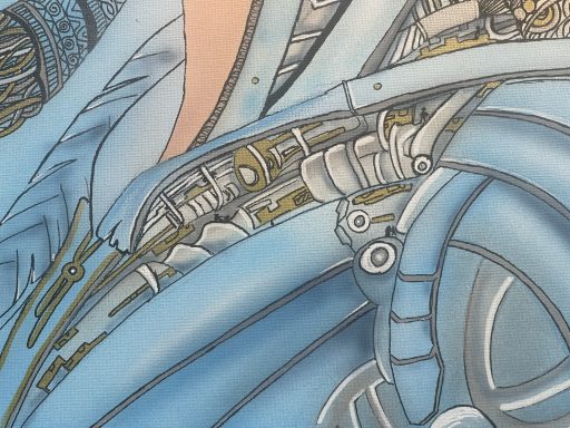 Close-up of the wing and mechanical details in Airborne Deity — The Breath of the Infinite by Pavlos Tatsis