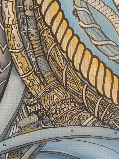 Close-up of the mechanical and feather details in Airborne Deity — The Breath of the Infinite by Pavlos Tatsis