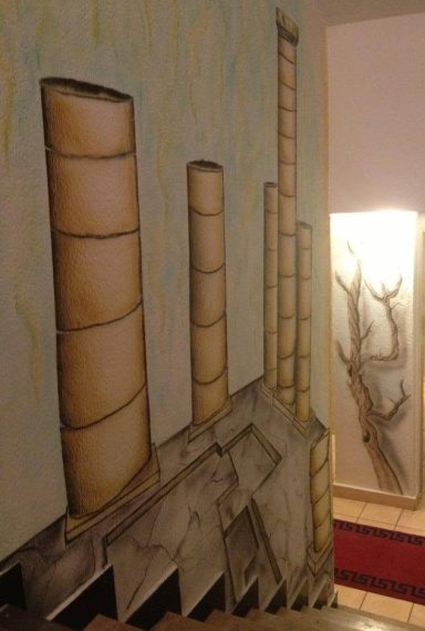 Airbrush artwork featuring ancient Greek columns and architectural perspective.